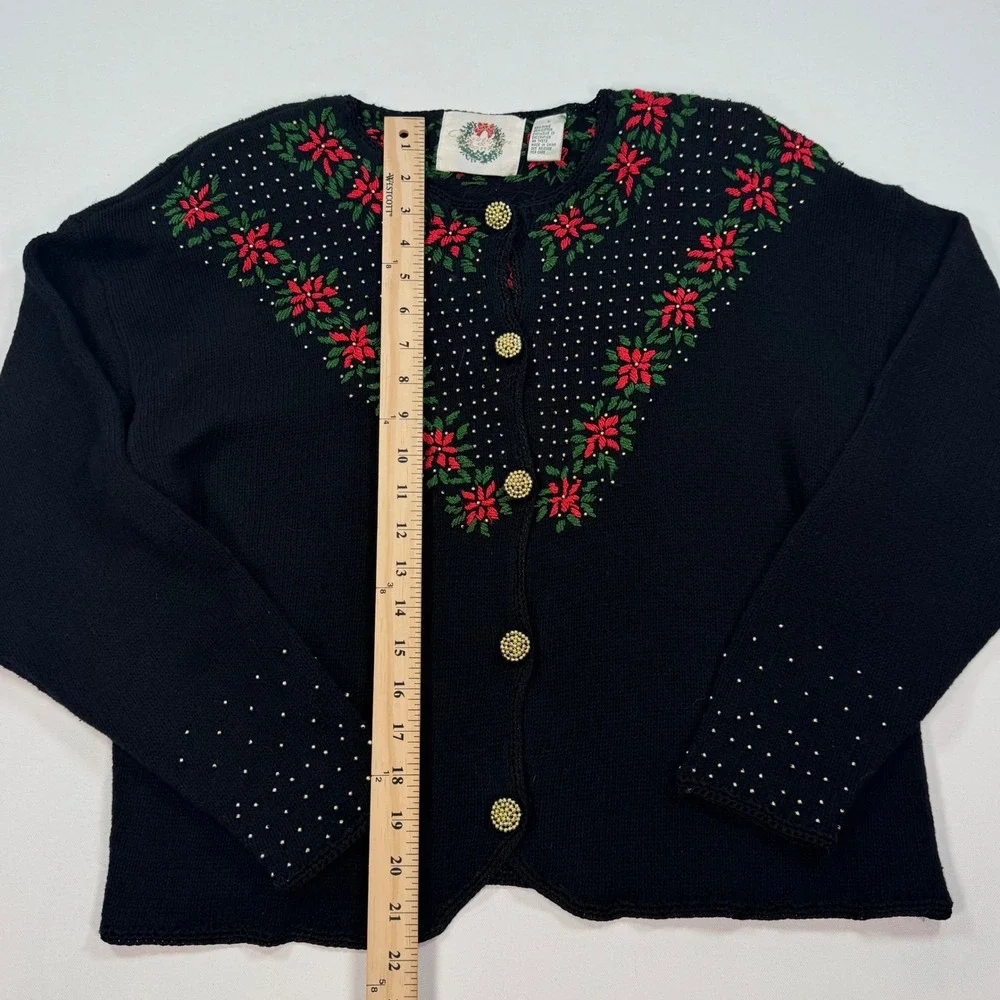 Christopher & Banks Christmas Cardigan Sweater Large Black Poinsettia Beaded L